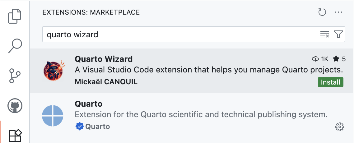 Extensions View: Marketplace Visual Studio Code Extensions Marketplace showing Quarto Wizard search results with install button.