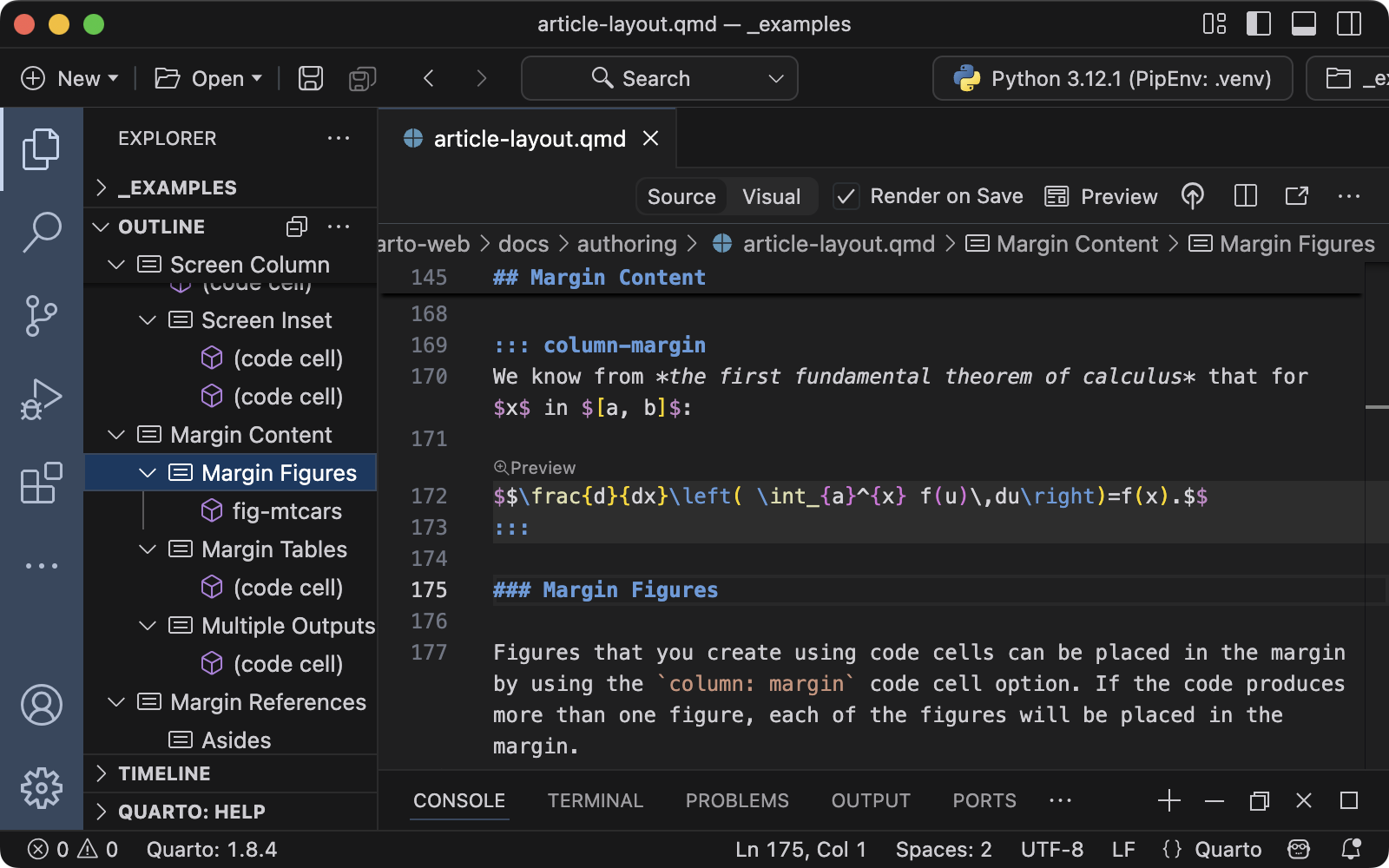 Quarto document with outline view shown in left-hand panel. The outline shows the section headers of the quarto documents.